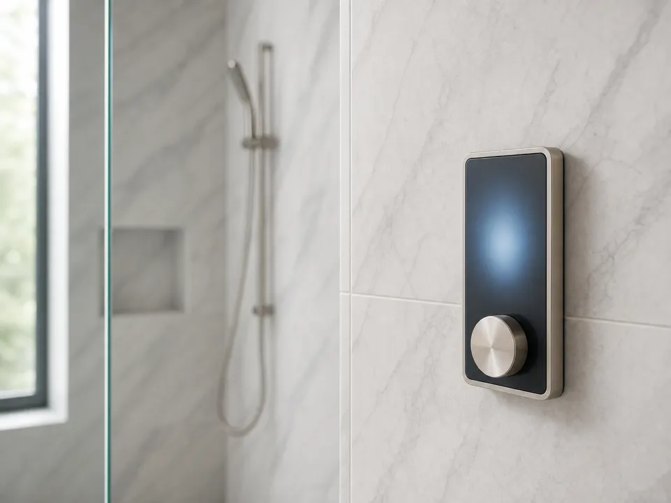 Digital shower control panel with brushed nickel bezel mounted outside a frameless glass shower in a Tampa Bay bathroom remodel by CMK Construction