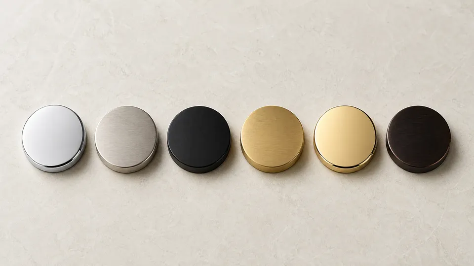 Six shower fixture finish samples compared side by side: polished chrome, brushed nickel, matte black, brushed brass, polished gold, and oil-rubbed bronze