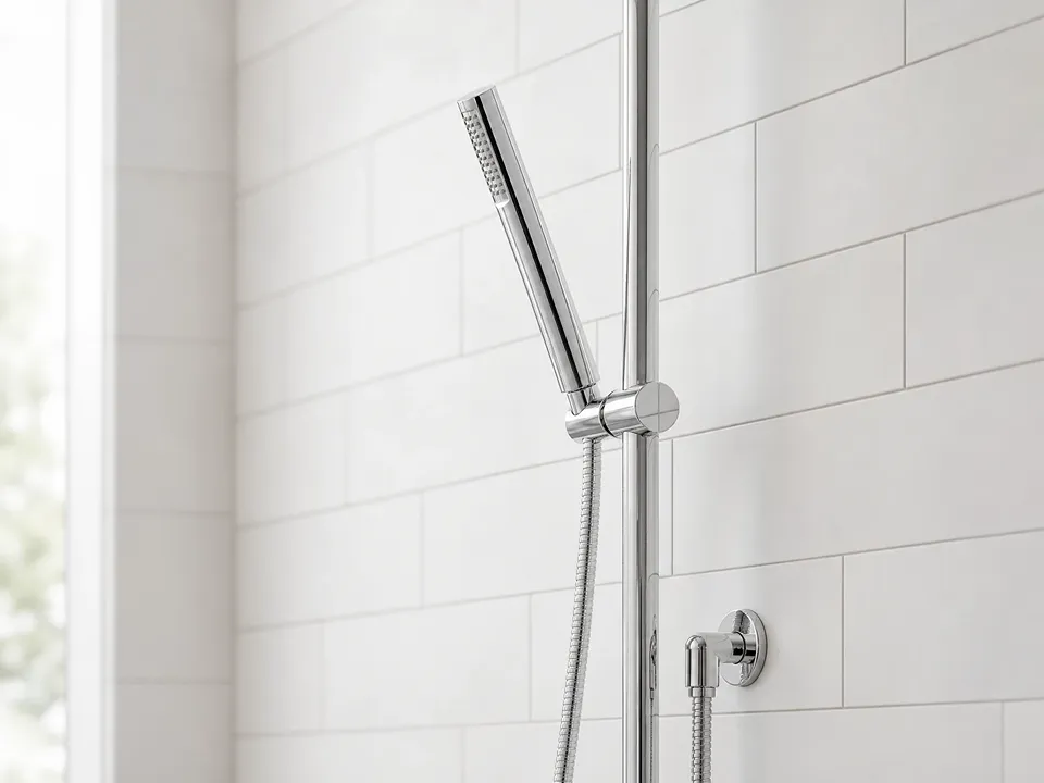 Polished chrome handheld shower docked on a slide bar with braided hose in a Dunedin bathroom remodel by CMK Construction