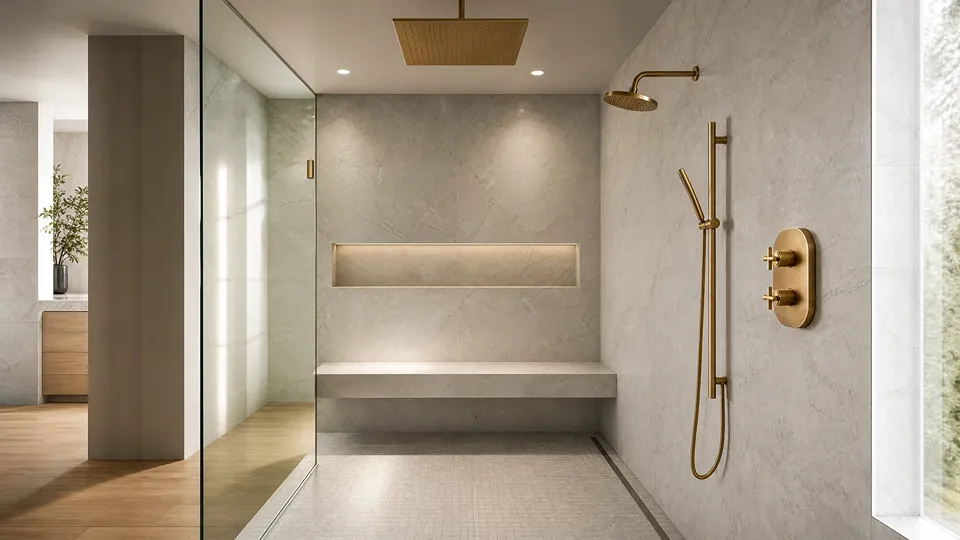 Luxury walk-in tile shower with warm brass rain head, handheld, and thermostatic valve trim in a Tampa Bay bathroom remodel by CMK Construction