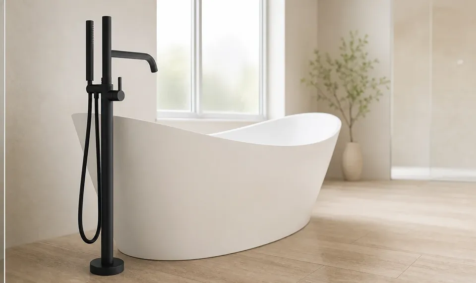 Matte black floor-mounted freestanding tub filler with handheld sprayer beside a white soaking tub in a Palm Harbor bathroom remodel by CMK Construction