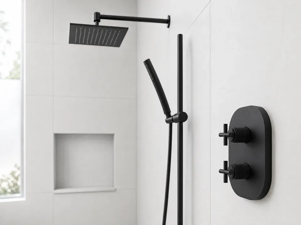 Matte black shower valve trim, rain head, and handheld on a slide bar in a Clearwater bathroom remodel by CMK Construction