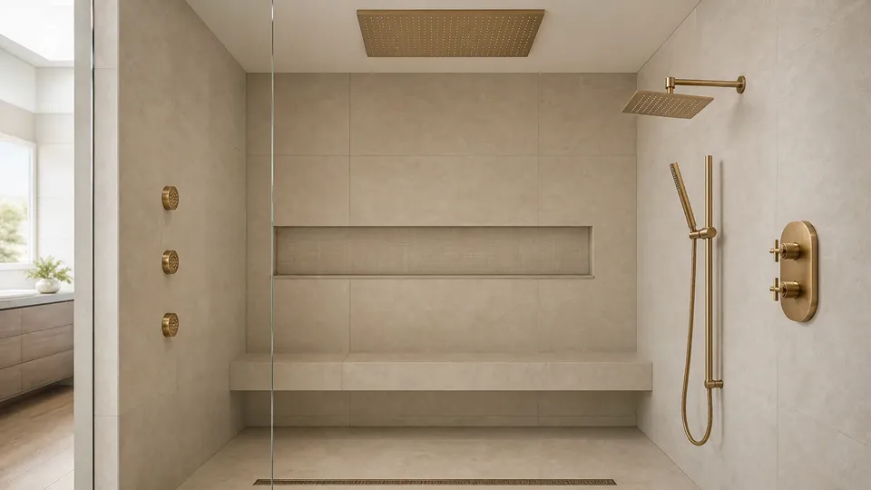 Multi-outlet shower system with ceiling rain panel, wall-mount head, handheld, and three body sprays in a Clearwater custom shower by CMK Construction
