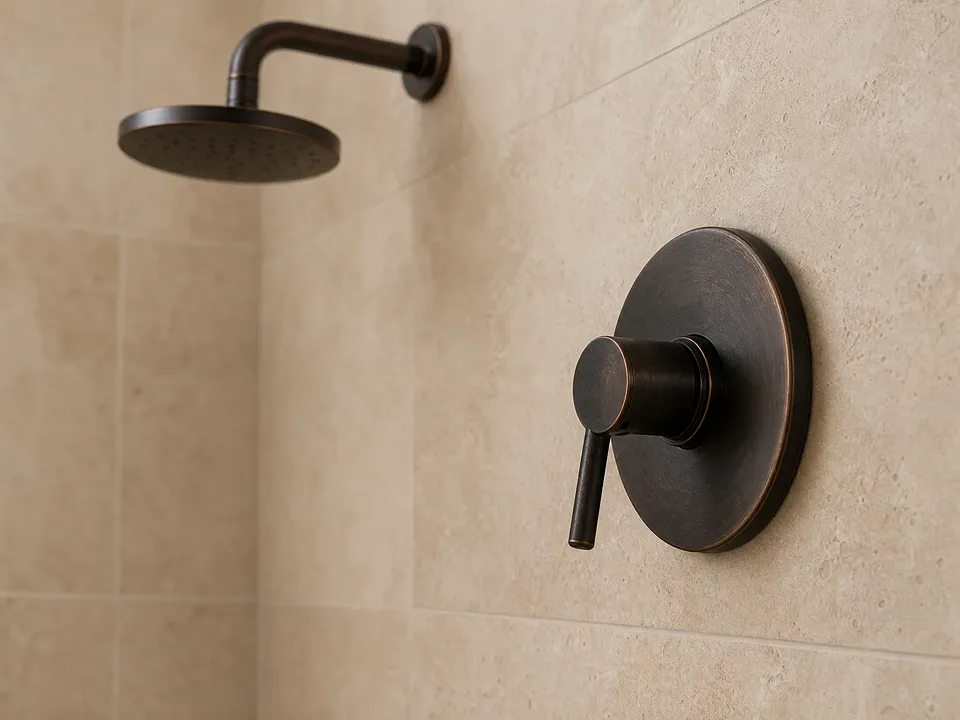 Oil-rubbed bronze shower valve trim and shower head against travertine-look tile in a Trinity bathroom remodel by CMK Construction