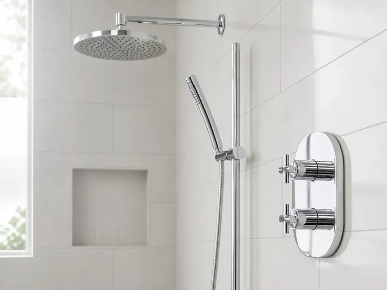 Modern walk-in shower featuring silver fixtures, a handheld wand, and a built-in niche.