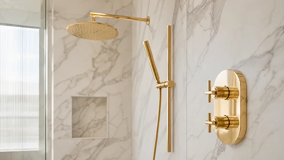 Polished gold shower trim, rain head, and handheld against book-matched marble-look slab walls in a Sarasota primary suite remodel by CMK Construction