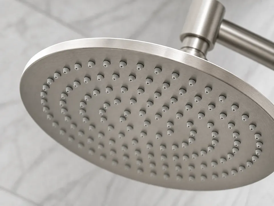 Close-up of a brushed nickel rain shower head spray face with clean silicone nozzles, free of hard water mineral buildup, in a Tampa Bay shower