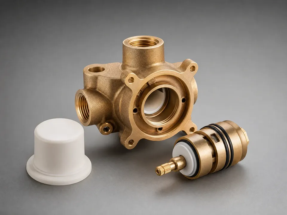 Brass shower valve rough-in body with protective test cap and replaceable cartridge, the components installed behind the tile in a Tampa Bay shower remodel