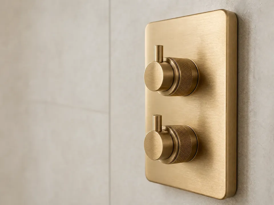 Warm brass thermostatic shower valve trim with separate temperature and volume controls in a Tampa bathroom remodel by CMK Construction
