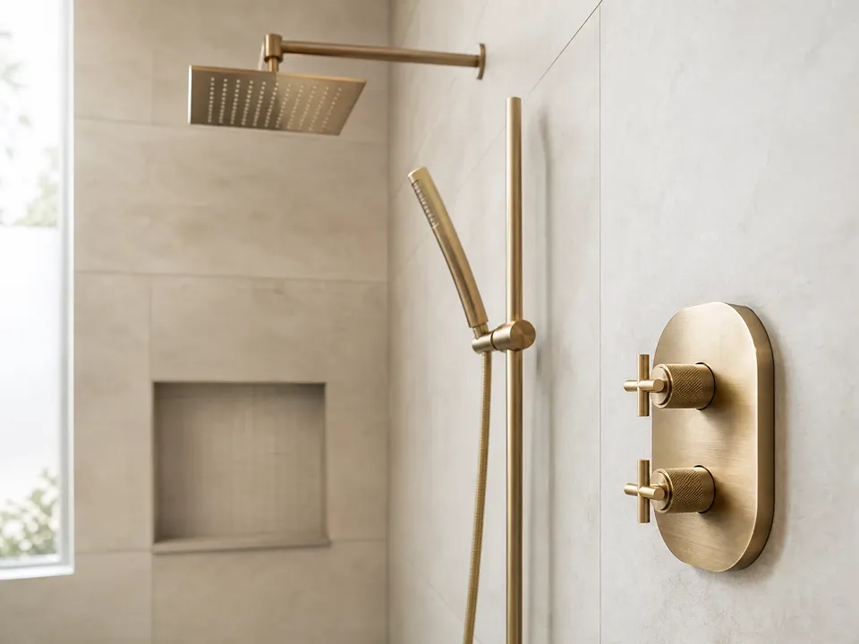 Warm brass PVD thermostatic shower trim and rain head in a Tampa custom tile shower by CMK Construction