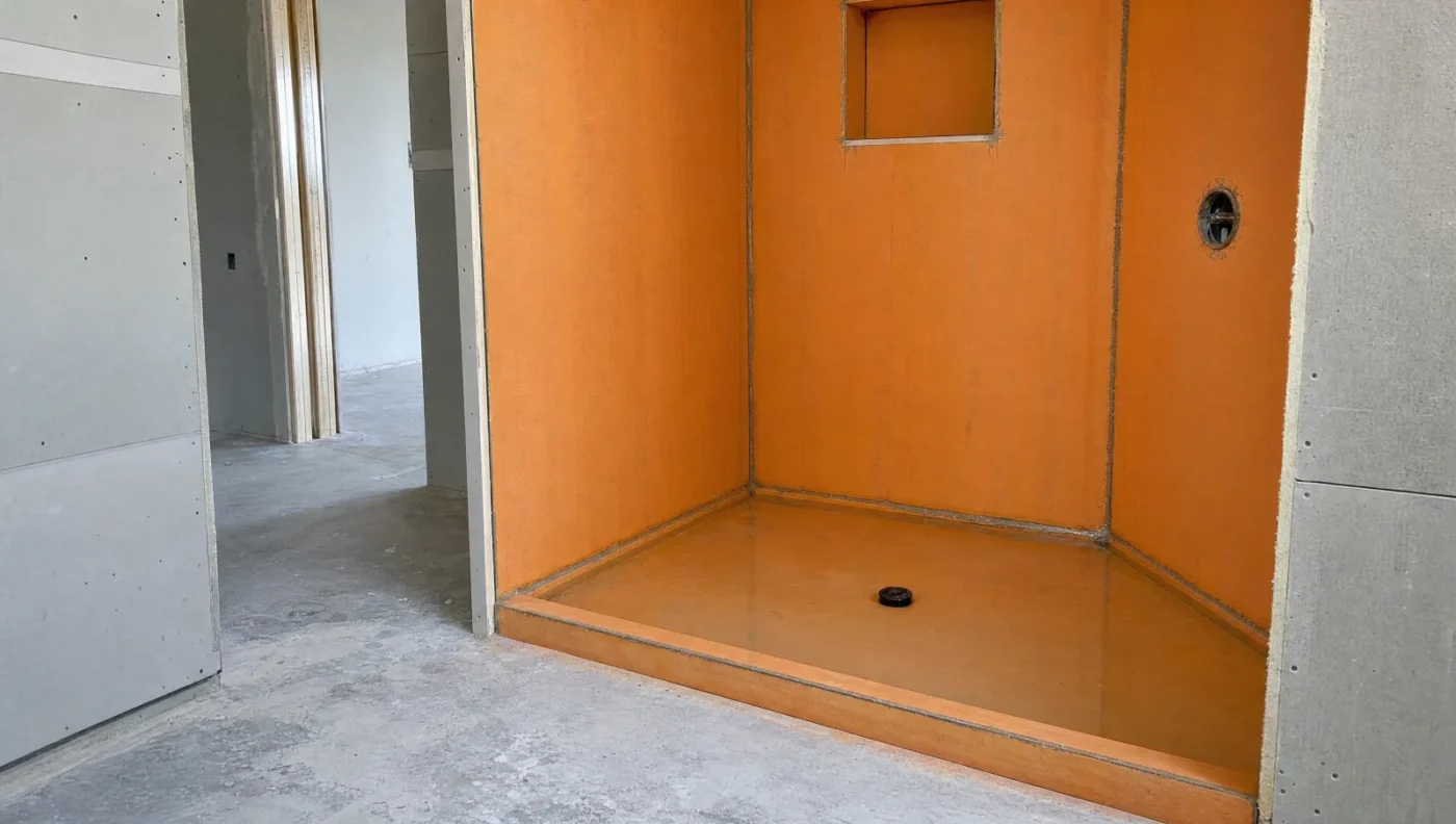 Site-built walk-in shower pan covered in an orange waterproofing membrane during a flood test, with the drain plugged and water held in the pan before tile