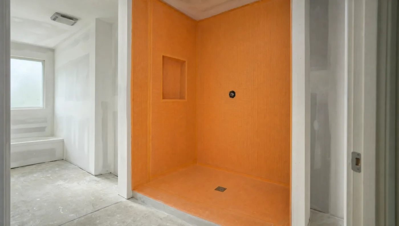 Walk-in shower covered in orange waterproofing membrane on the walls, floor and niche before tile, with the rest of the bathroom drywall taped and primed and the exhaust fan in the main ceiling