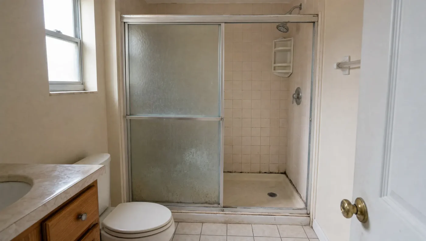 Dated builder-grade shower with a scaled aluminium-framed sliding door, small beige wall tile, and mildew along the pan joint, before replacement by CMK Construction
