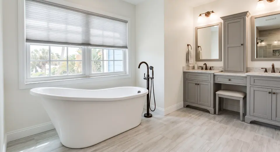 Freestanding single-slipper soaking tub under a window with an oil-rubbed bronze floor filler and a gray double vanity with makeup station in a Treasure Island bathroom remodel
