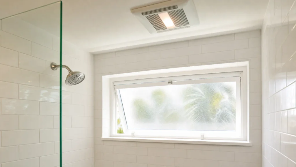 Frosted awning window inside a tiled shower with a ceiling exhaust fan in a Florida bathroom