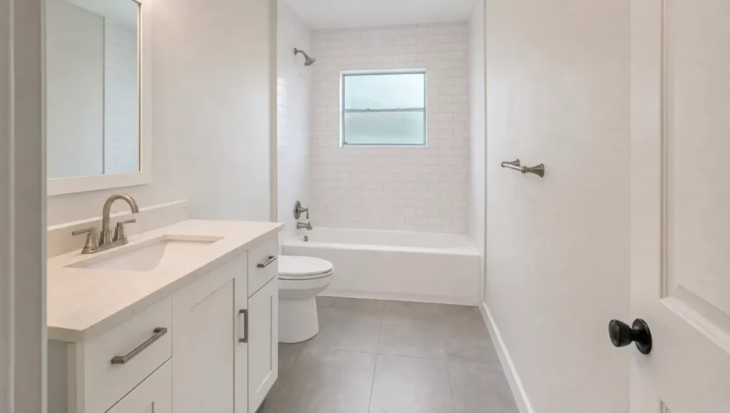 Remodeled 5x8 hall bathroom with the tub across the back wall and the vanity and toilet along one side