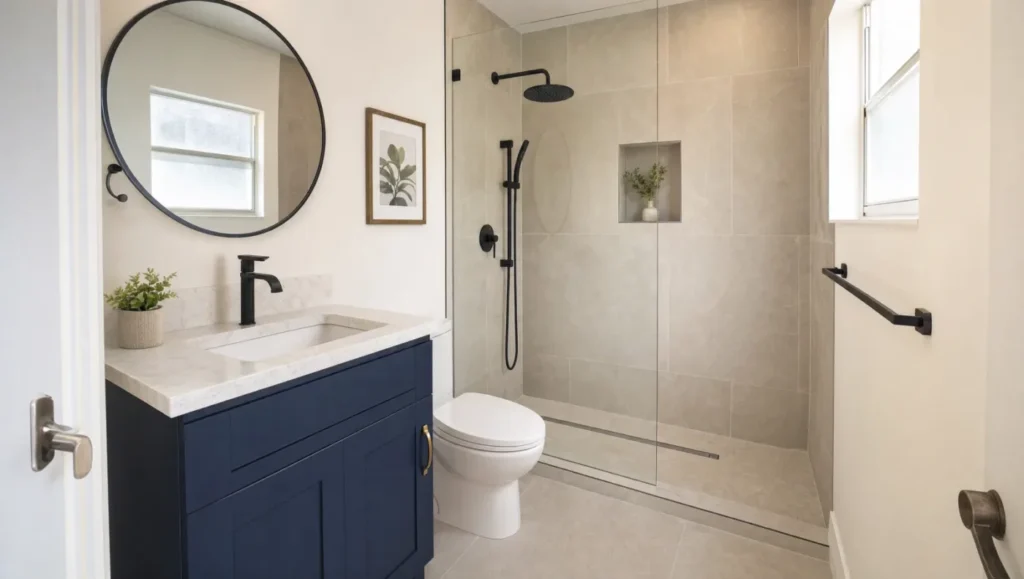 5x8 bathroom layout with a 60 inch walk-in shower in place of the tub, navy vanity, and frameless glass panel