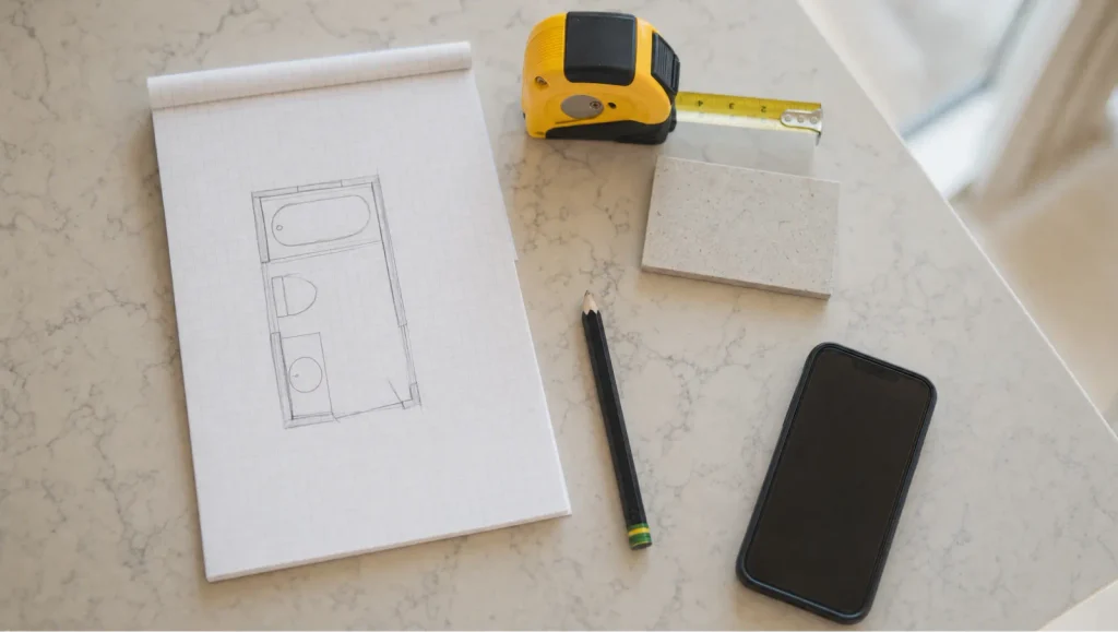 small bathroom layout test sketch and tape measure