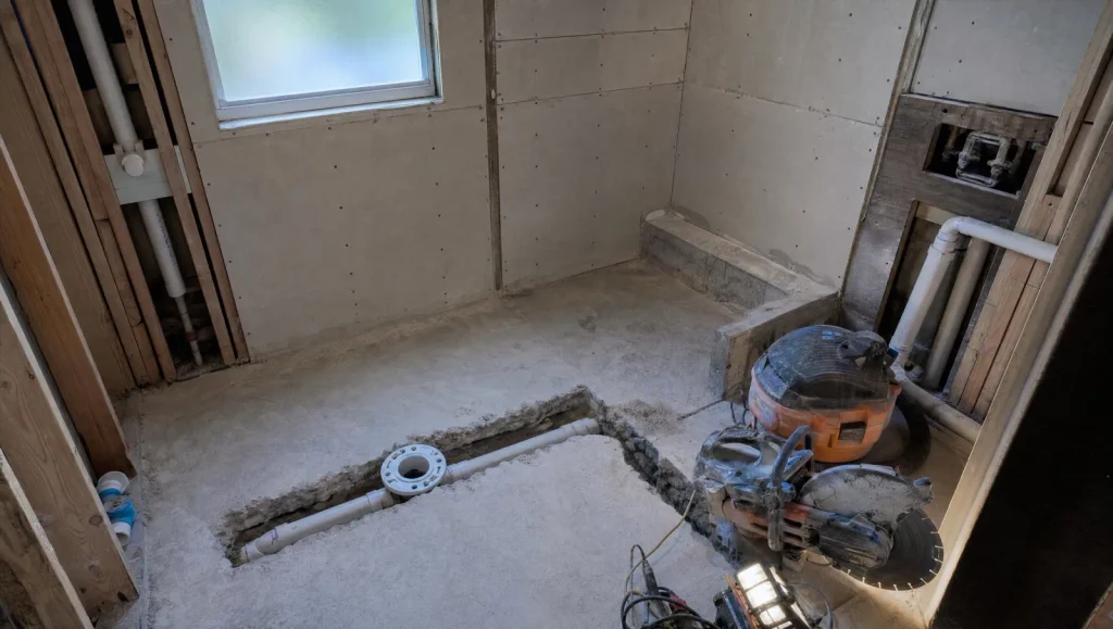 Concrete slab cut in a gutted small bathroom with a new PVC drain line and toilet flange being relocated