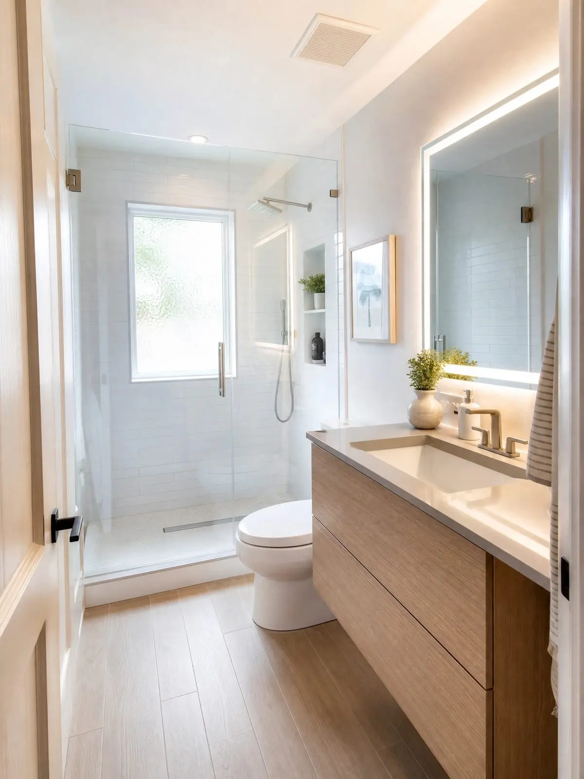 Small bathroom remodel in Palm Harbor with a walk in shower, frameless glass, floating vanity, and quartz countertop