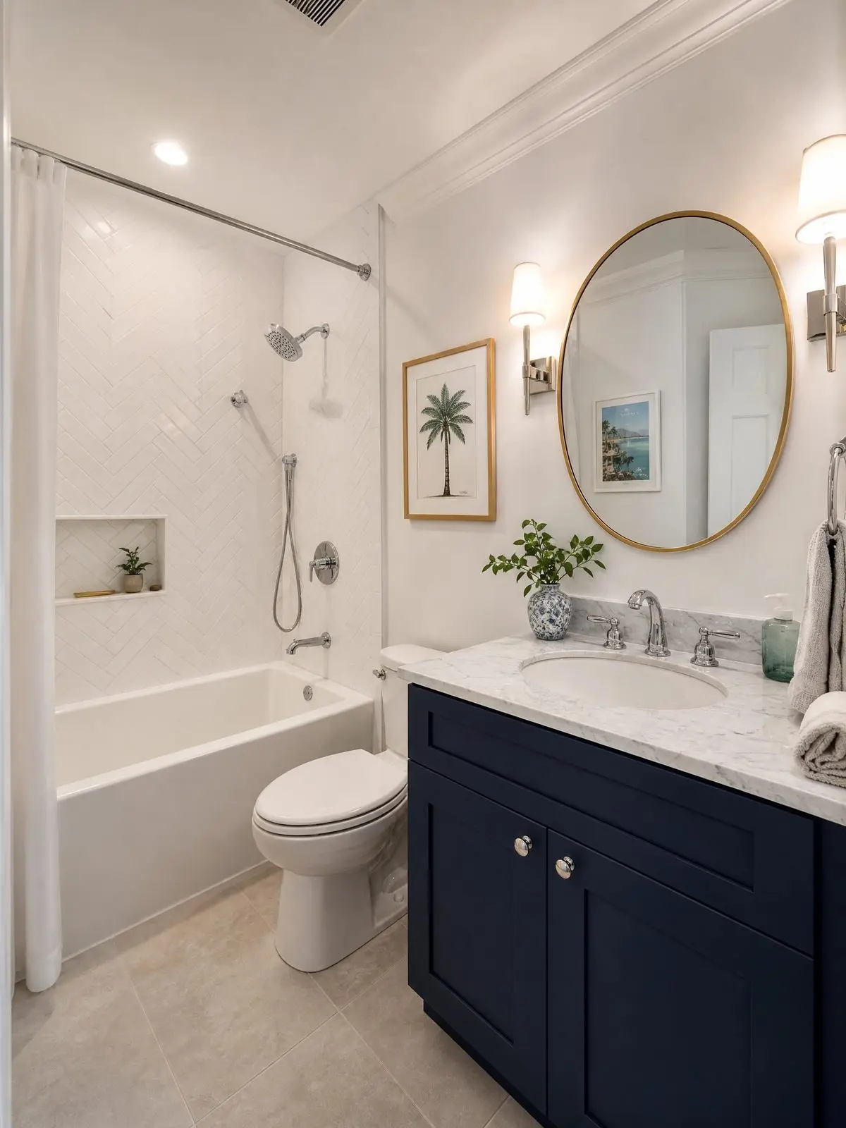 Small guest bathroom remodel in St. Petersburg with a tub and shower combo, white herringbone tile, and a navy vanity