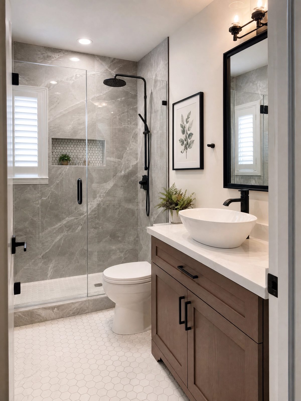 Small bathroom remodel in Tampa with a custom tiled shower in large format porcelain and matte black fixtures