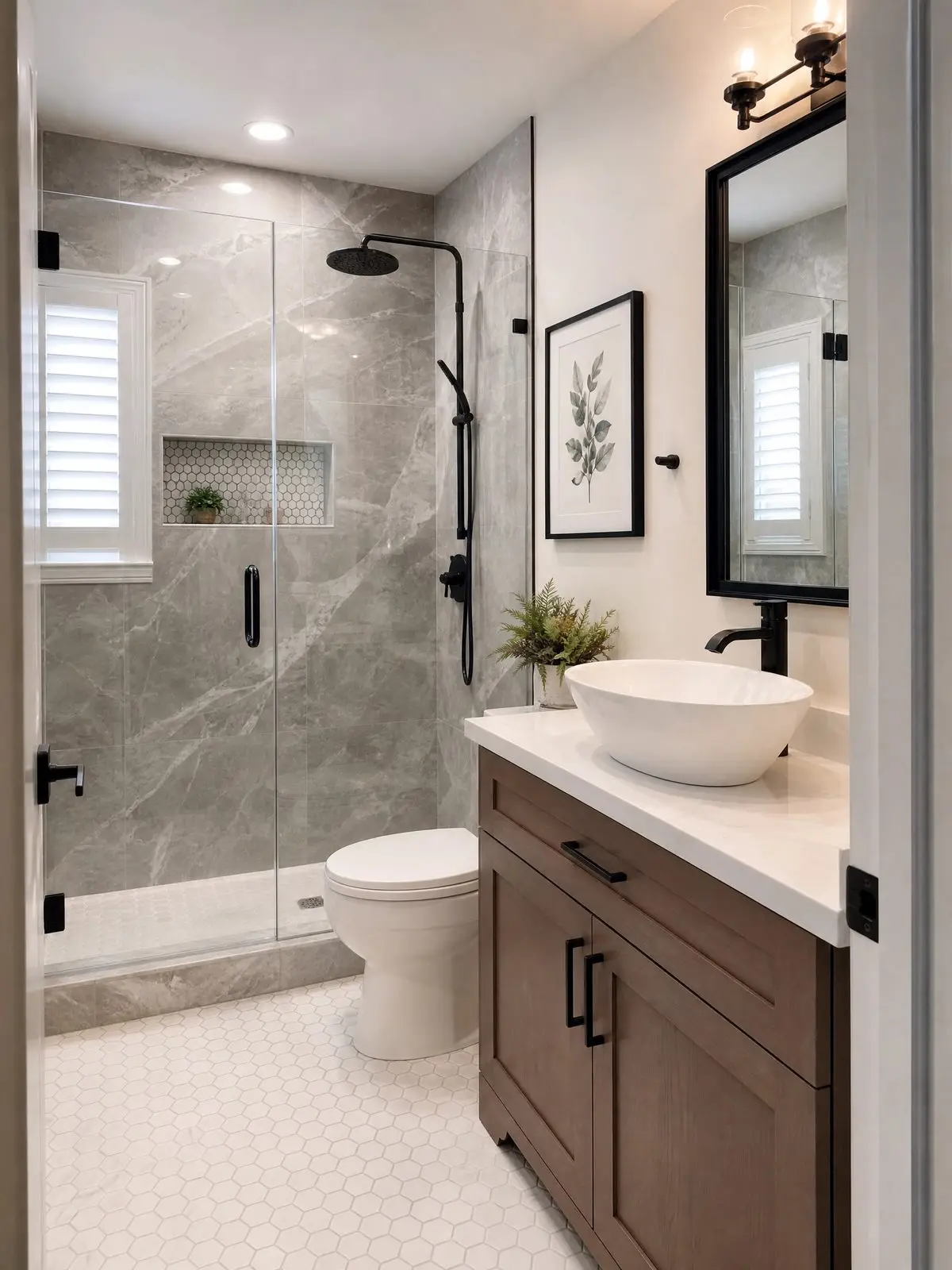 Small bathroom remodel in Tampa with a custom tiled shower in large format porcelain and matte black fixtures