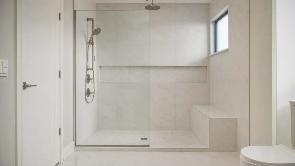 60 inch walk-in shower across the short wall of a small bathroom with a fixed glass panel, bench, niche, and large-format tile