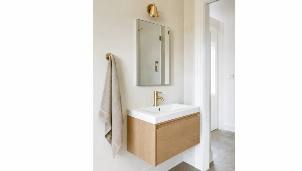 24 inch narrow-depth floating oak vanity with a semi-recessed sink and recessed medicine cabinet in a small bathroom