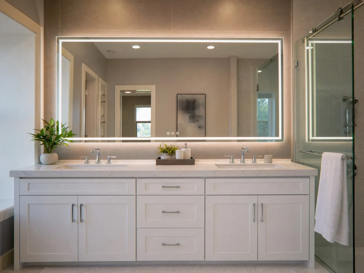 Smart LED mirror with anti fog technology above white double vanity with marble quartz countertop in Oldsmar FL bathroom remodel by CMK Construction