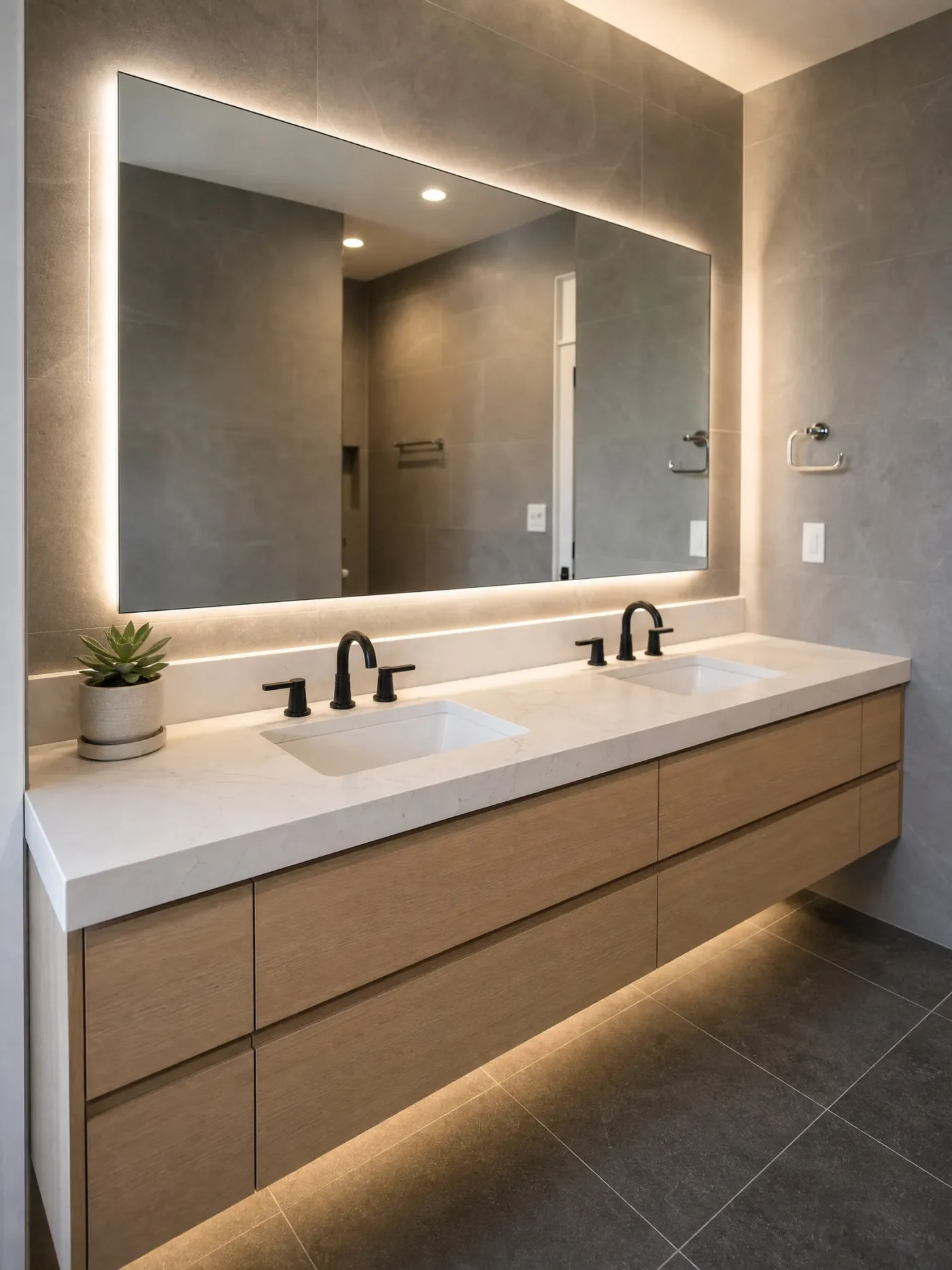 Floating white oak double vanity with quartz countertop, backlit mirror, and matte black faucets in a Sarasota spa style bathroom remodel by CMK Construction