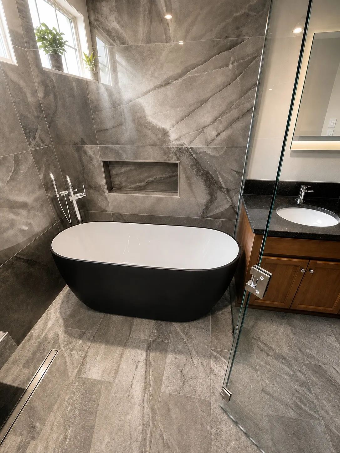 Spa style bathroom with black and white freestanding soaking tub, frameless glass enclosure, marble-look porcelain tile, and built-in niche in Tampa, Florida by CMK Construction