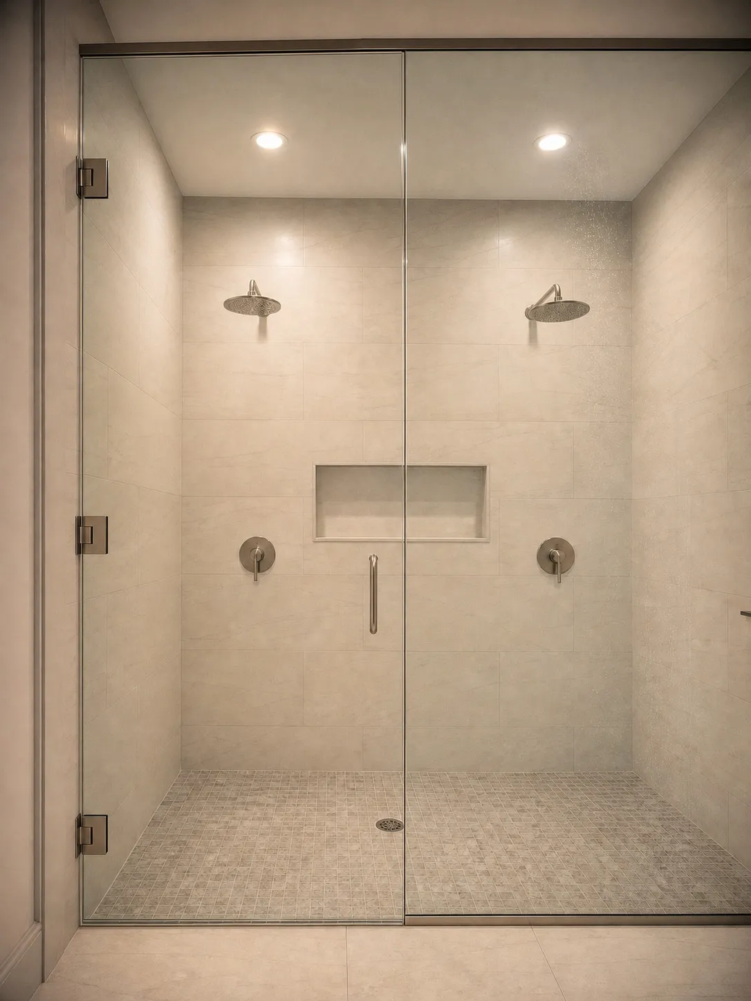 Spa style his-and-hers dual shower with two rain showerheads, shared niche, mosaic floor tile, center drain, and frameless glass door and fixed panel in Seminole, Florida by CMK Construction