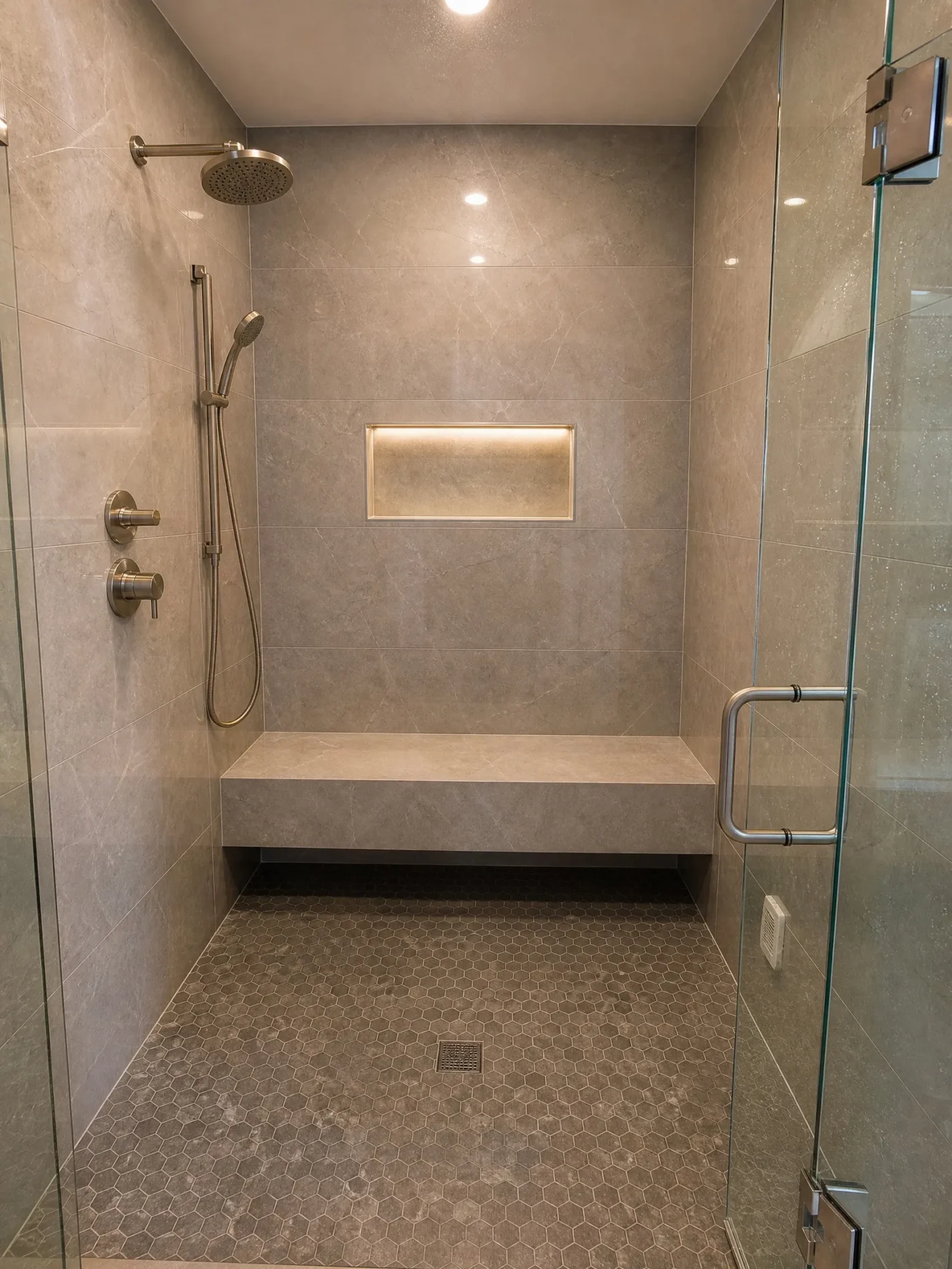 Spa style steam shower with floating bench, hexagonal floor tile, LED-lit niche, and frameless glass door in Sarasota, Florida by CMK Construction