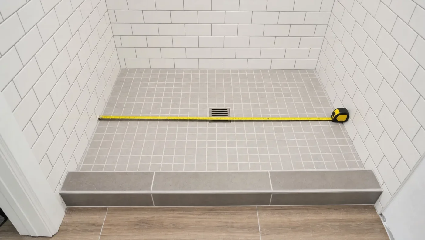 Tape measure laid across a tiled rectangular shower pan with a square center drain and a tiled curb, showing how a standard shower pan is measured