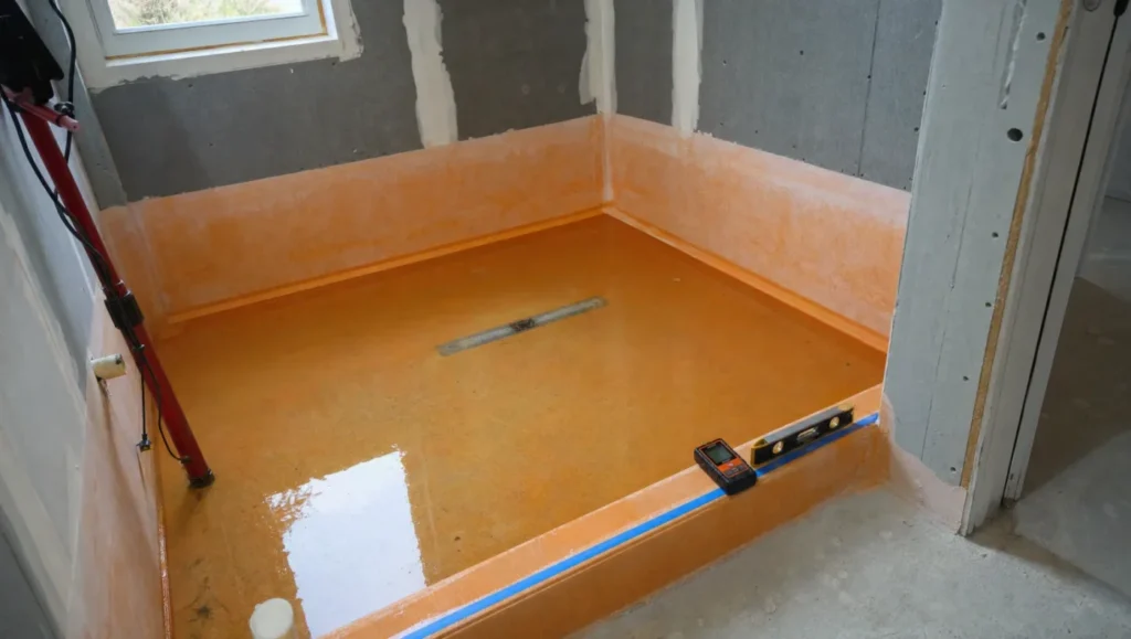 Shower pan flood test on an orange waterproofing membrane during a Tampa bathroom remodel inspection