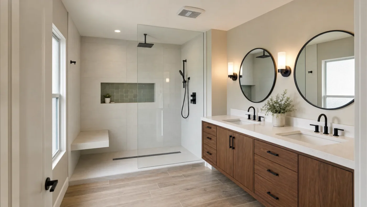 Remodeled master bathroom with a frameless glass walk-in shower, linear drain, floating bench and sage green tile niche beside a walnut double vanity with two round black mirrors