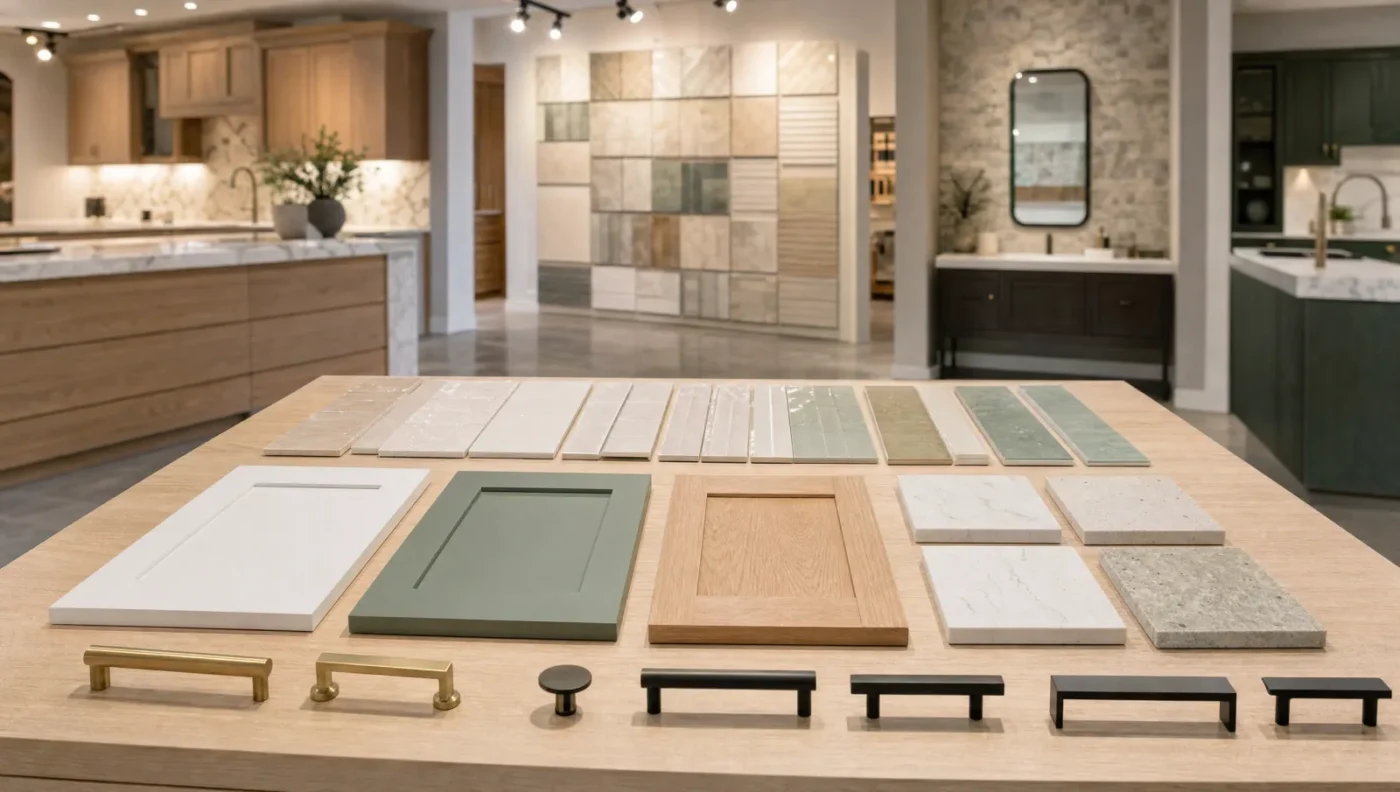 Remodeling design showroom selection table with porcelain tile samples, white, sage green and oak cabinet door samples, quartz countertop chips, and brass and black cabinet pulls