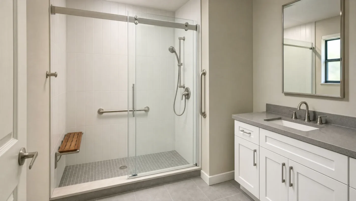 Hall bathroom after a tub-to-shower conversion with a low-threshold walk-in shower, sliding glass door, fold-down teak seat, brushed nickel grab bars and a handheld shower on a slide bar
