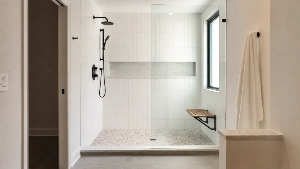 Tub-to-walk-in shower conversion in a Tampa Bay bathroom with vertical white tile, black fixtures, niche, and teak bench
