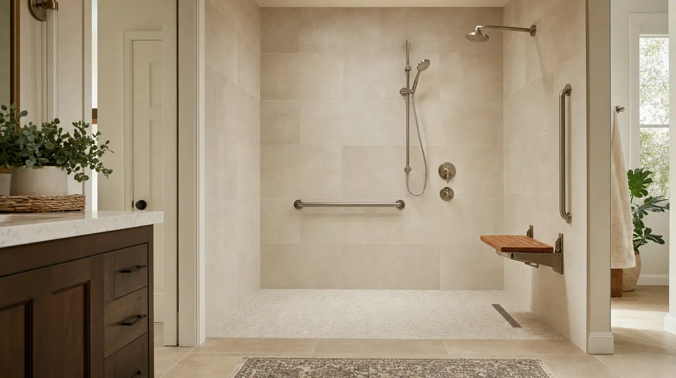 Accessible walk-in shower with curbless entry, teak fold-down bench, grab bars, and handheld shower after a tub to shower conversion near Clearwater