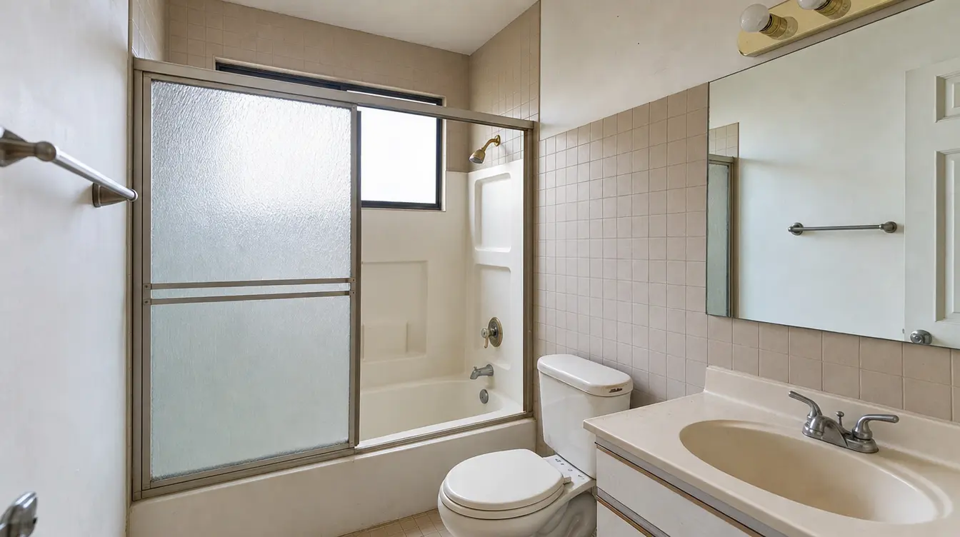 A dated builder-grade fiberglass tub and shower combination with a high step-over wall, before conversion