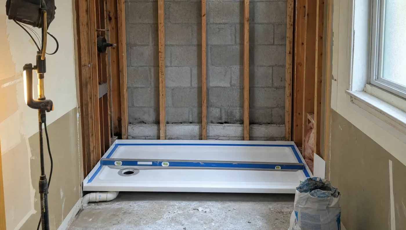 New 60x32 acrylic shower pan with an end drain set into a 60 inch tub alcove during a tub-to-shower conversion in a Florida block home