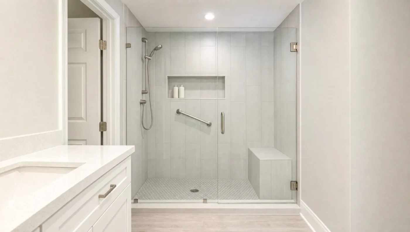 Tub-to-shower conversion with a low-curb walk-in shower, tiled bench, recessed niche, handheld shower on a slide bar and grab bar