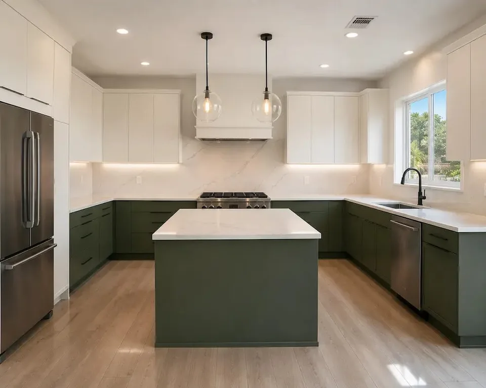 two tone kitchen with green lower cabinets and white upper cabinets in a Siesta Key remodel by CMK Construction
