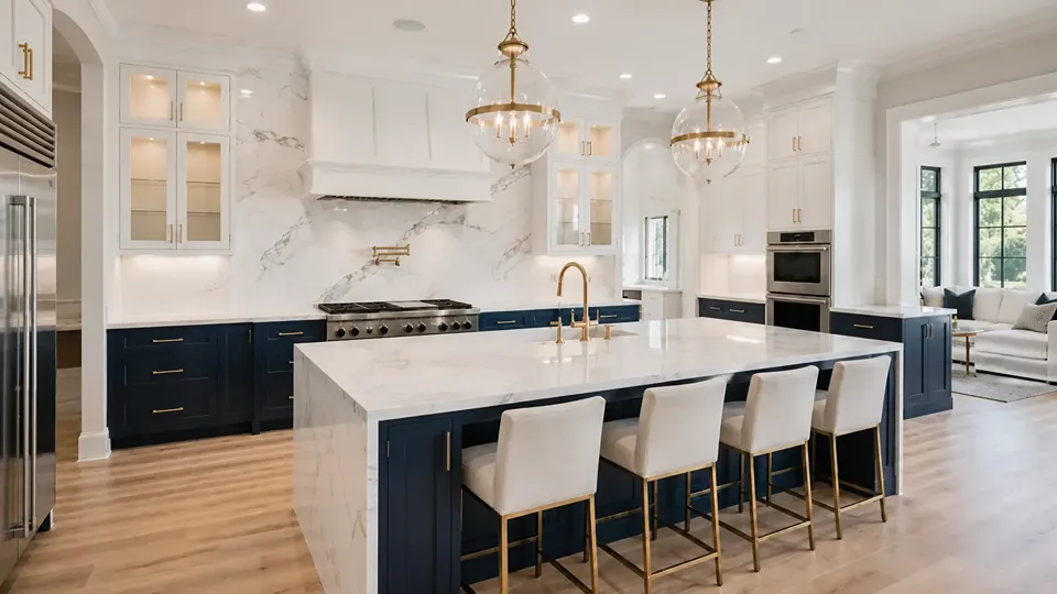 two tone kitchen cabinets with white uppers and navy blue lowers, marble backsplash, brass fixtures, and a waterfall island in a Tampa FL kitchen