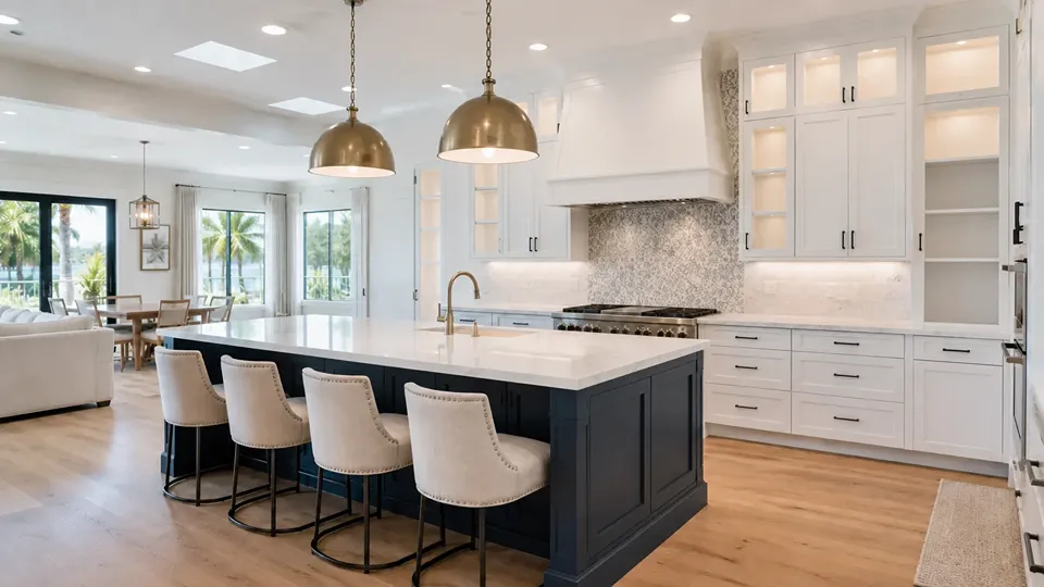 two tone kitchen idea with white perimeter cabinets and a navy blue island, brass pendants, and light oak flooring in a Siesta Key FL home