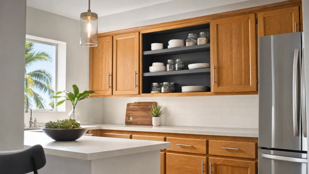 Honey oak cabinets updated without painting, with an open shelf section painted charcoal inside, nickel bar pulls and a white quartz countertop