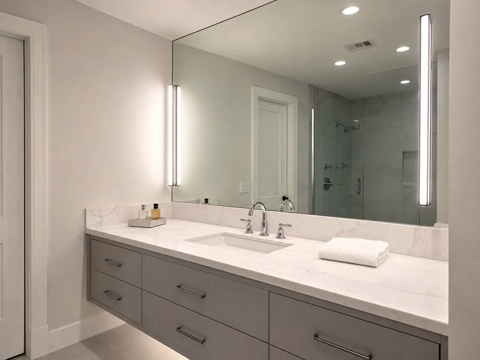 Polished chrome vertical LED sconces mounted on a full-wall vanity mirror, a hotel-style lighting idea for Palm Harbor master baths