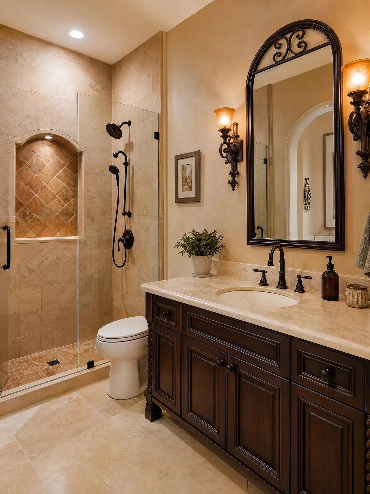 Bathroom remodel in Venice Florida with a walk in shower, arched tile niche, and a dark wood vanity with stone countertop